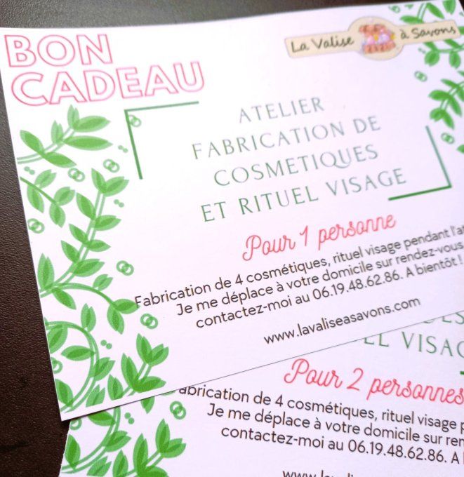 BON CADEAU pou atelier fabrication de cosmétiques